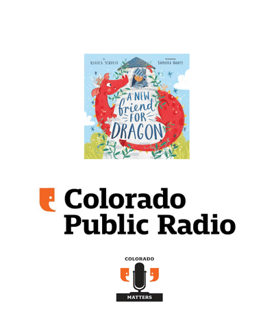 Colorado Public Radio Logo. A New Friend for Dragon Book Cover.